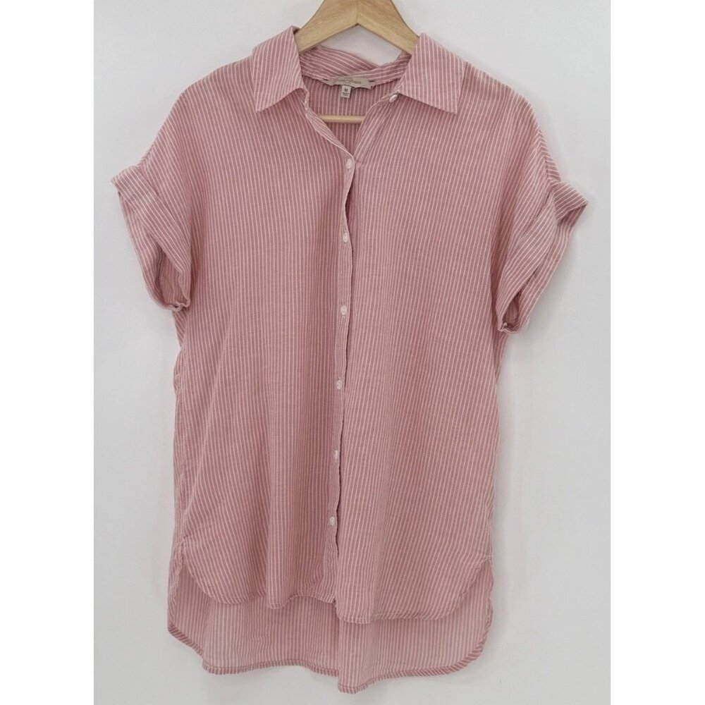 Casa Cabana Pink Pin Stripes Slub Cotton Button Front Shirt Size M‎ Coastal Boho